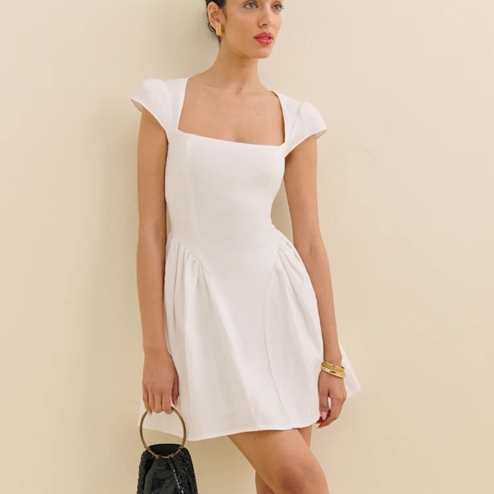 Reformation White Square-Neck Mini with Cap Sleeves
